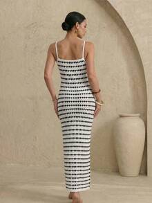 Swim Chiccia Đầm hai dây dệt kim jacquard ombre dành cho nữ, kiểu dáng Pháp cổ điển ôm sát cơ thể, thanh lịch, nhẹ nhàng, sang trọng, thích hợp cho kỳ nghỉ biển. - Đen và trắng - Xem 4