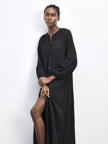 SHEIN Maija Outfit Deas For Dress Women's Long Shirt Dress With Waist Belt  Spring Summer Beach Outfits Easter Dress Women Wedding Party Dress Summer Looking Younger A Strap On The Waist Modest Dress - Black - View 10