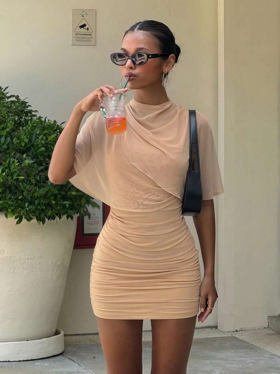 Siren Gaze 新款优雅披肩领修身迷你连衣裙，春夏款 - 杏色 - 查看 1