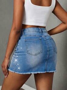 Slaydiva Women's Fashion Rhinestone Fringe Denim Mini Skirt - Blue - View 5