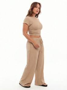 SHEIN EZwear Co-Ords Ukuran Plus Kolor Simpul Lettuce Trim Plaid Plain Casual - Khaki - View 5