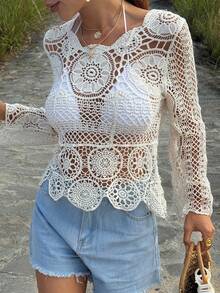 DAZY Women's Hollow Out Knit Blouse, Suitable For Beach, Holiday, Vacation - White - View 4