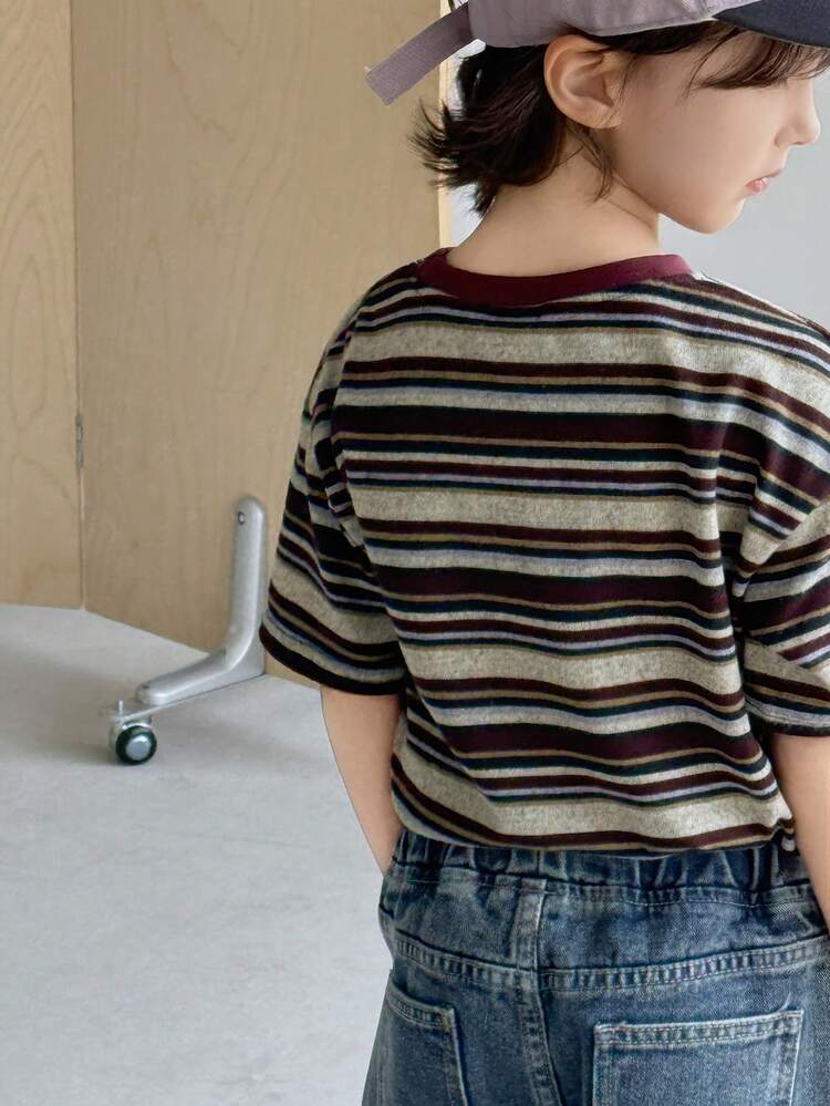 Young Boy Striped Round Neck Casual Loose Short Sleeve T-Shirt Spring Summer