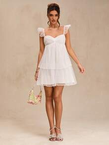 SHEIN BAE Đầm ngắn màu trắng trơn cổ chữ M xếp ly nhiều tầng hở lưng thắt nơ, thích hợp cho mùa xuân/hè, đầm trắng, đầm đi học, đầm dự đám cưới, đầm sinh nhật. - trắng - Xem 1