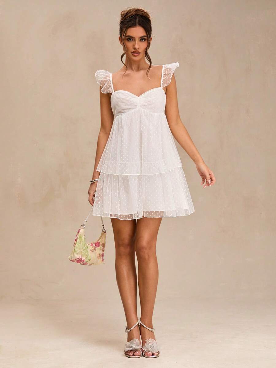 SHEIN BAE Đầm ngắn màu trắng trơn cổ chữ M xếp ly nhiều tầng hở lưng thắt nơ, thích hợp cho mùa xuân/hè, đầm trắng, đầm đi học, đầm dự đám cưới, đầm sinh nhật. - trắng - Xem 1