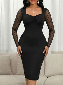 SHEIN Lady 女士优雅撞色网纱心形领紧身连衣裙，秋季 - 黑色 - 查看 6