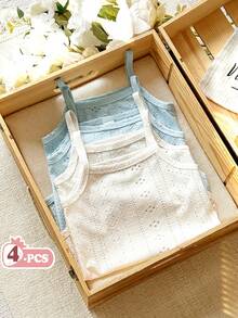 Vintaside Kids 4件套女婴夏季休闲纯色镂空刺绣吊带连体衣 - 彩色 - 查看 3