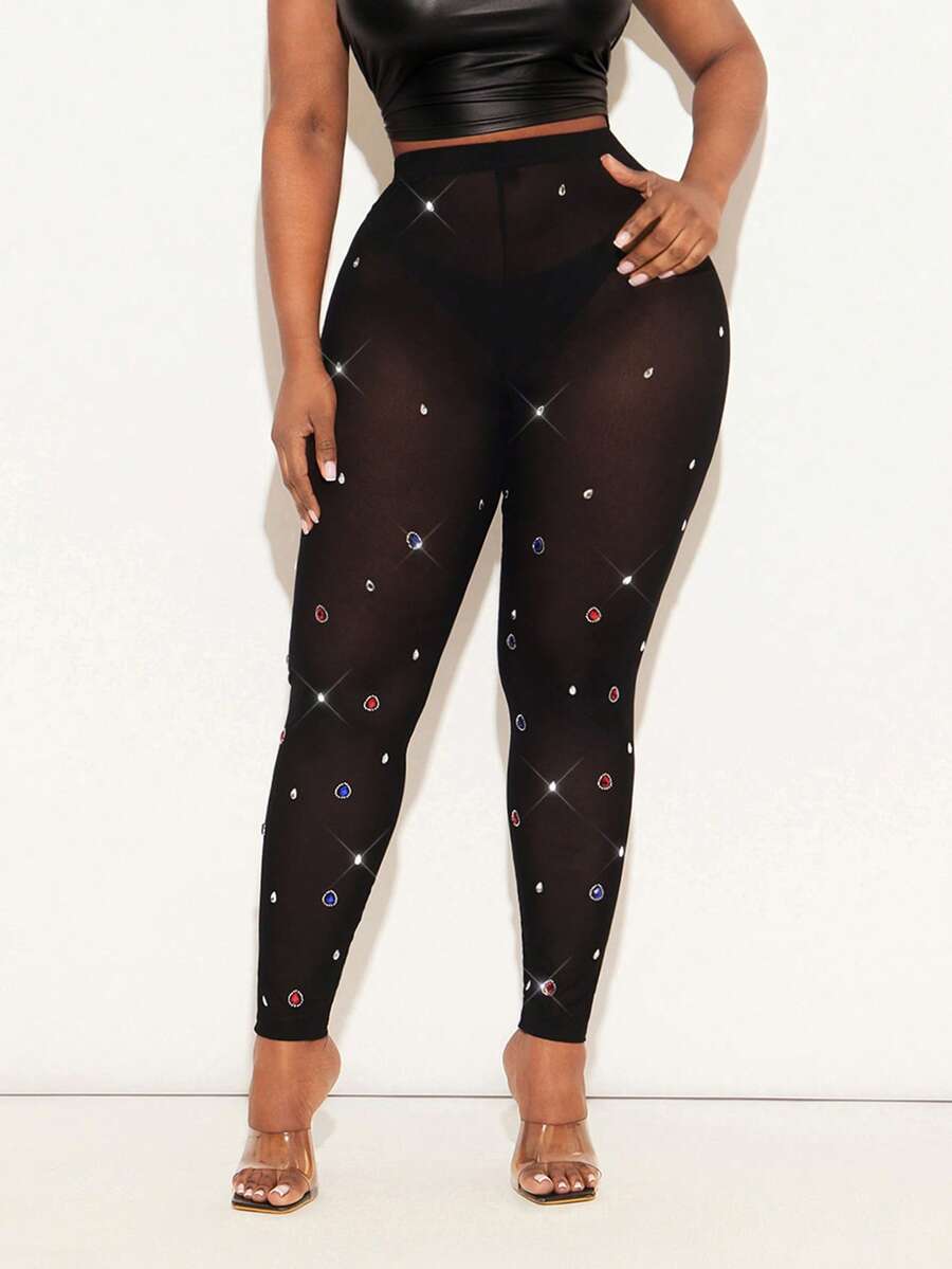 Radiana 大码女装春夏优雅华丽性感基础款手工水钻装饰网纱透视紧身裤，简约时尚，适合日常穿着、派对、舞会、游轮旅行、情人节等场合。 - 黑色 - 查看 1