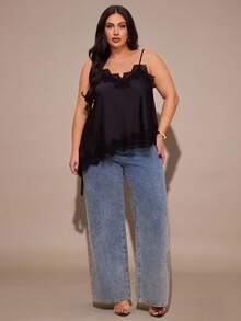 SHEIN BAE 大码女士蕾丝缎面衬衫，适合约会和派对穿着 - 黑色 - 查看 3