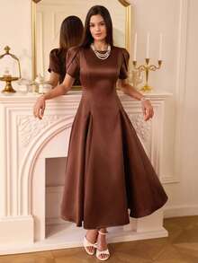 Aveloria Rosie European And American Elegant High-End Satin Material Tulip Sleeve Round Neck Asymmetric Hem Design Women Long Dress - Coffee - View 1