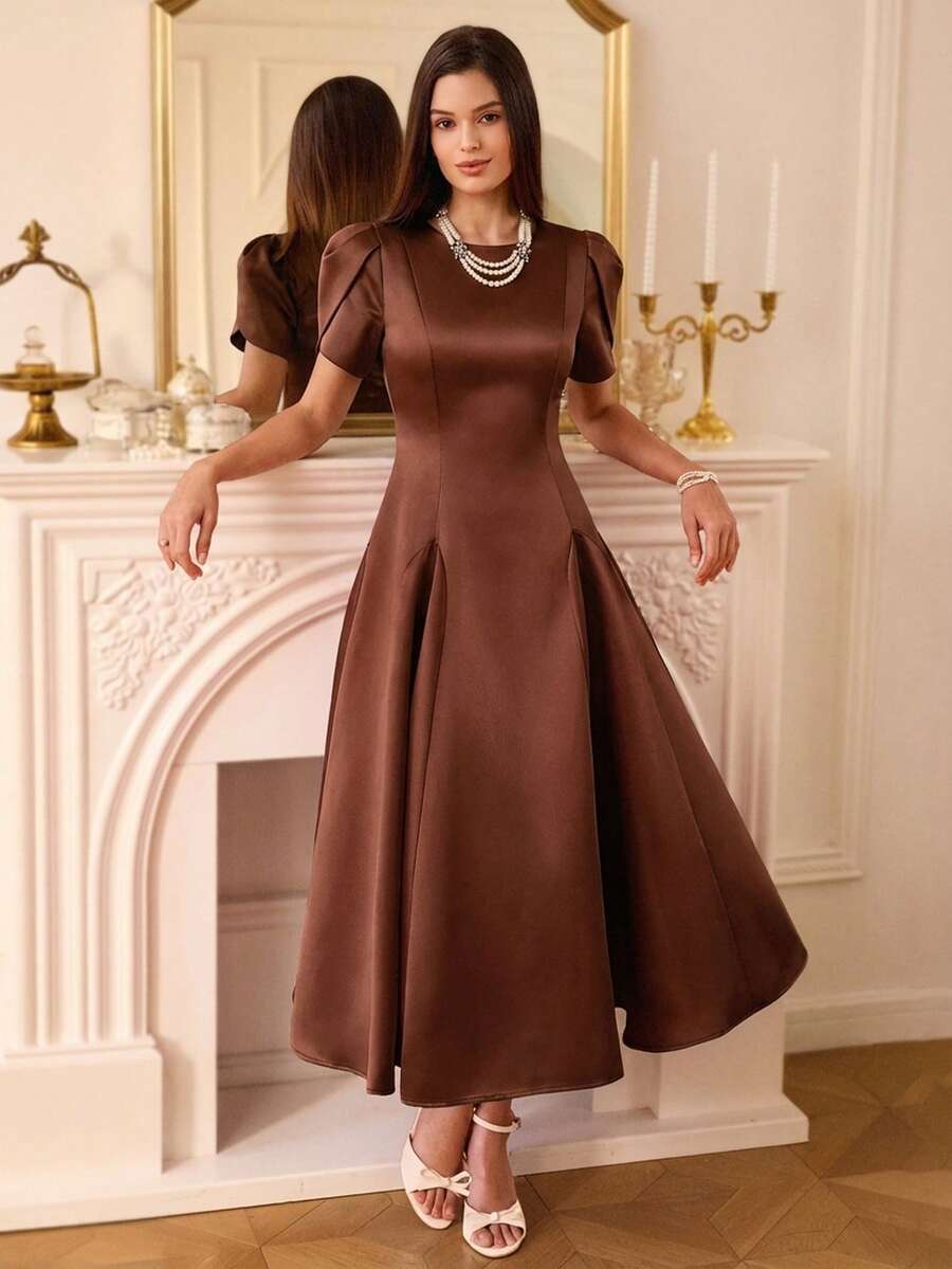 Aveloria Rosie European And American Elegant High-End Satin Material Tulip Sleeve Round Neck Asymmetric Hem Design Women Long Dress - Coffee - View 1