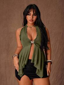 Rustia Plus Size Women Metal Decor Tie-Neck Ruffle Hem Casual Versatile Top - Army Green - View 5