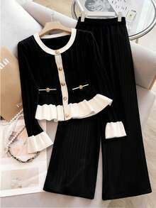 Franclia 两件套女士休闲纯色黑白撞色下摆荷叶边袖口纽扣装饰撞色拼接开襟上衣和纯色阔腿裤套装，柔软舒适，适合秋冬春季穿着，法式优雅风格，日常百搭。 - 黑與白 - 查看 1