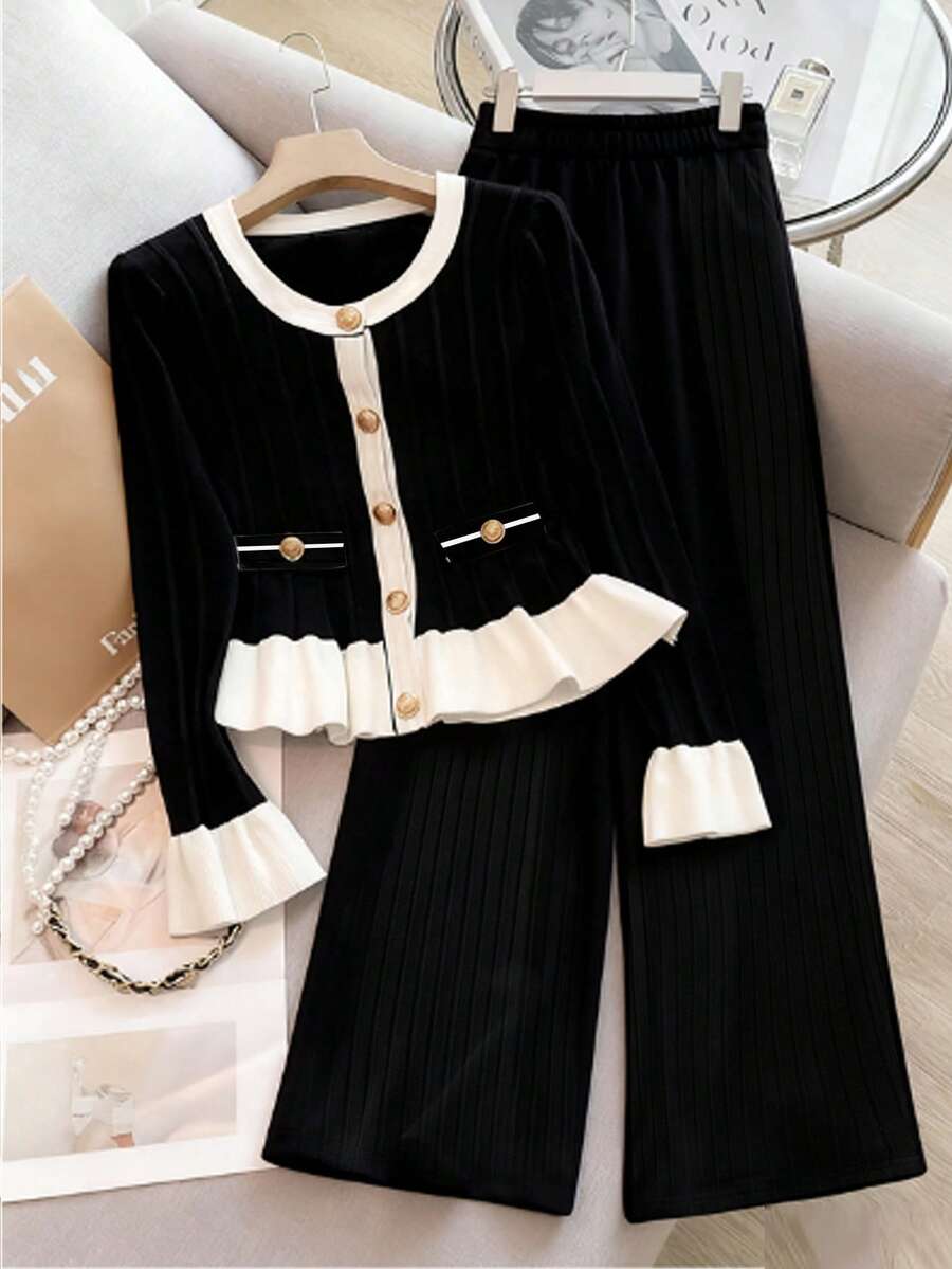 Franclia 两件套女士休闲纯色黑白撞色下摆荷叶边袖口纽扣装饰撞色拼接开襟上衣和纯色阔腿裤套装，柔软舒适，适合秋冬春季穿着，法式优雅风格，日常百搭。 - 黑與白 - 查看 1