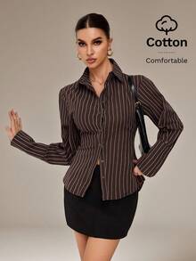 SHEIN Tall 女士优雅条纹纽扣收腰衬衫，女士办公室职业装衬衫 - 棕色 - 查看 6