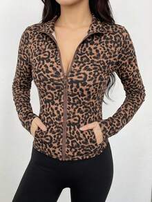 DAZY Leopard Print Casual Sports Fitness Jacket, Spring & Summer - Coffee Brown - View 5