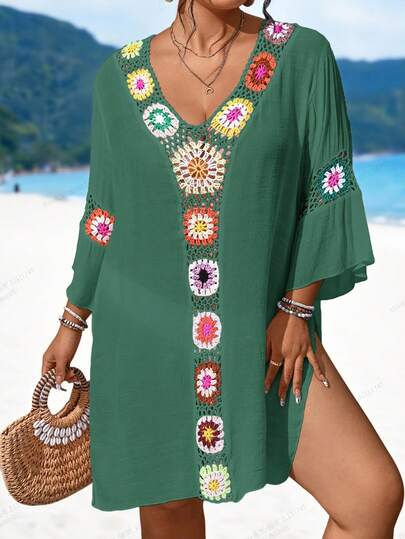 Swim Lushoire Plus Size Women's Handmade Crochet V-Neck Hollow Sexy Fitted Slit Beach Cover Up Dress