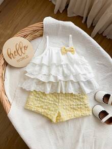 Babygirl Summer Cute Vacation Ruffle Camisole Top And Plaid Shorts Set - Yellow - View 5