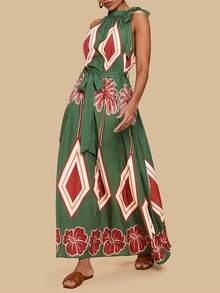 Travachic Plus Size Bohemian Style Apricot Retro Print Halter Dress With Belt, Loose Casual Resort Wear - Green - View 3