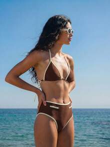 SHEIN Maija Bộ bikini hai mảnh màu cà phê, kiểu dây mảnh, quần short gợi cảm dành cho nữ. - màu nâu - Xem 4
