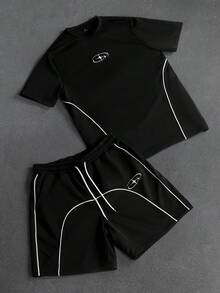 PAVTROS Men's Contrast Color Round Neck Short Sleeve T-Shirt Set, Fashionable & Versatile For Summer - Black - View 3