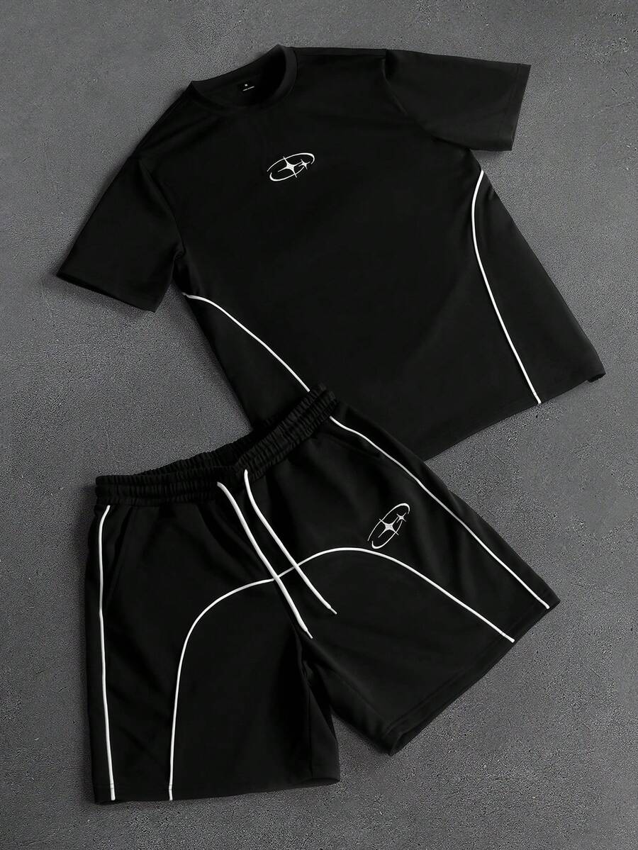 Manfinity Roghcode Casual Versatile Men's Plus Size T-Shirt And Shorts Set, Holiday - Black - View 1