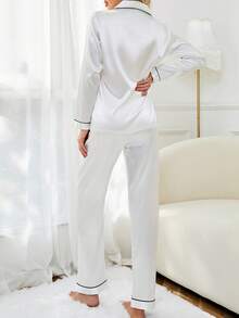 LuxeNights Contrast Binding Satin Pajama Set White Set, Fall Winter Clothes - White - View 2