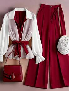 GlowEve CURVE Bộ đồ 2 món cỡ lớn gồm áo tay dài và quần ống rộng phối màu, áo kiểu đỏ tía, trang phục đỏ trắng, áo đỏ, bộ đồ đỏ cho nữ, bộ đồ màu đỏ sẫm cho nữ, quần ống rộng màu đỏ cho nữ. - Màu Đỏ Sâu - Xem 1