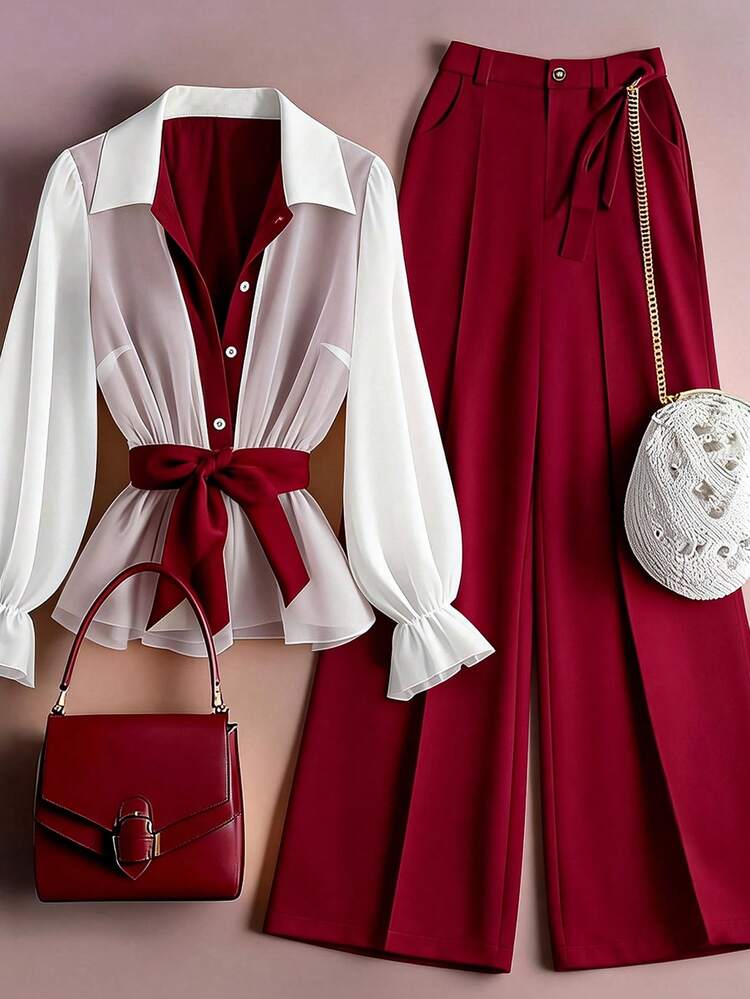 SHEIN Clasi 2 pièces Ensemble Top à manches longues avec bloc de couleurs à la taille et pantalon large unicolore Bordeaux, Blouse rouge et blanc, Tenues rouges pour femmes, Ensembles de tenues pour femmes, Tenues bordeaux pour femmes, Pantalon large rouge pour femmes - Rouge foncé - Voir 1