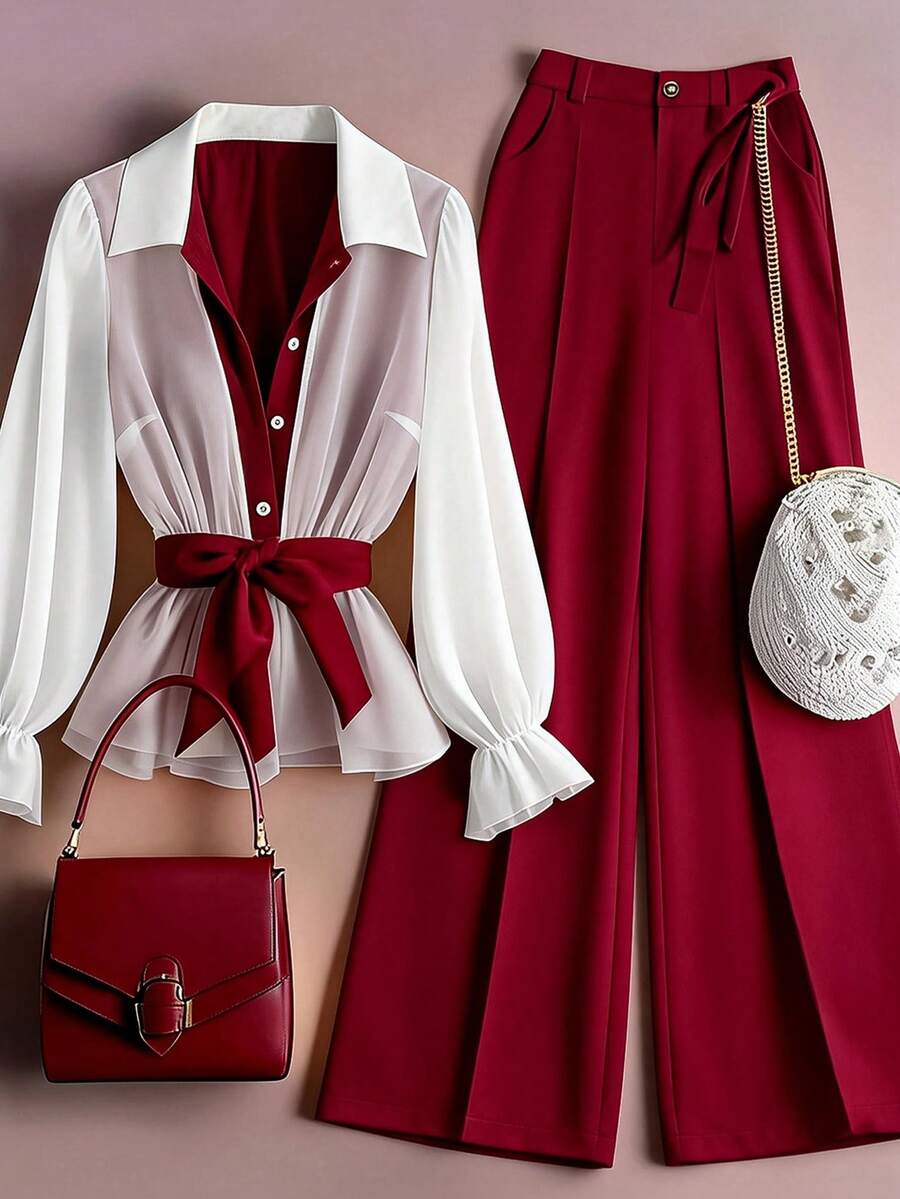 GlowEve CURVE Bộ đồ 2 món cỡ lớn gồm áo tay dài và quần ống rộng phối màu, áo kiểu đỏ tía, trang phục đỏ trắng, áo đỏ, bộ đồ đỏ cho nữ, bộ đồ màu đỏ sẫm cho nữ, quần ống rộng màu đỏ cho nữ. - Màu Đỏ Sâu - Xem 1