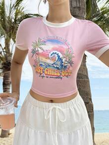 MainGRL Women's Round Neck Letter Print Short Sleeve Top And Pleated Cake Skirt Casual 2-Piece Set - Pink - View 4