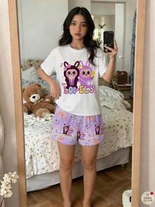 SHEIN 青少年女孩休闲简约圆领短袖短裤睡衣套装，适合夏季 - 彩色 - 查看 1