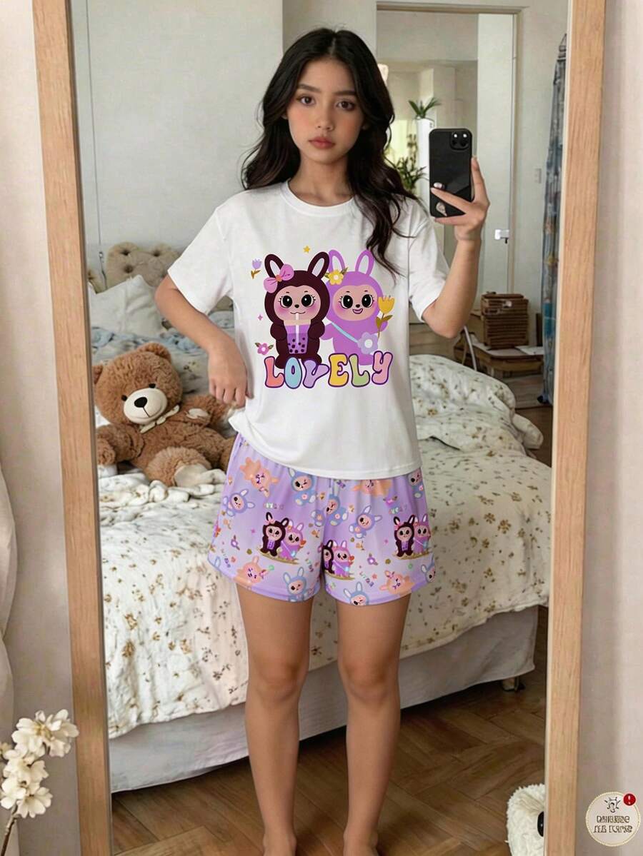 SHEIN 青少年女孩休闲简约圆领短袖短裤睡衣套装,适合夏季 - 彩色 - 查看 1