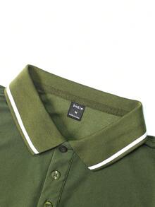 Manfinity Homme Men's Minimalist Contrast Color Short Sleeve Polo Shirt, Summer - Army Green - View 5