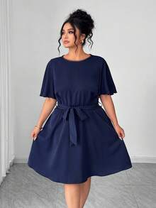 Elenzga Plus Size Women's Round Neck Lace Patchwork Ruffle Sleeve Hollow Back Casual Dress, Business Casual, Summer Women Outfit, Elegant, Formal Women Dresses, Evening Dress, Sleeveless, Lace Dress, Wedding Women Dress, Wedding Guest - Navy Blue - View 4