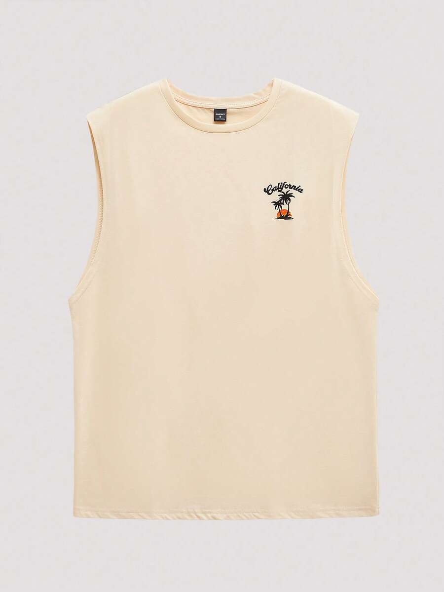 Open Phase 男士夏季休閒椰樹和字母印花背心 - 卡其色 - 查看 1