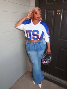 Enliva 大码性感修身弹力喇叭牛仔裤，蓝色，秋季女式牛仔裤，适合苹果型和圆润身材 - 藍色 - 查看 5