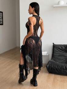 Coolane 女士时尚性感透视蕾丝荷叶边不对称下摆连衣裙 - 黑色 - 查看 2
