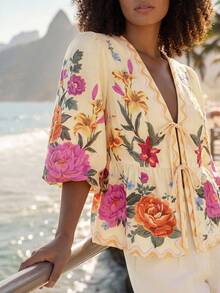 CAJUNI Áo kiểu nữ cổ chữ V thắt nơ phía trước, in họa tiết hoa, kiểu dáng thường ngày đa năng. - Màu vàng - Xem 4