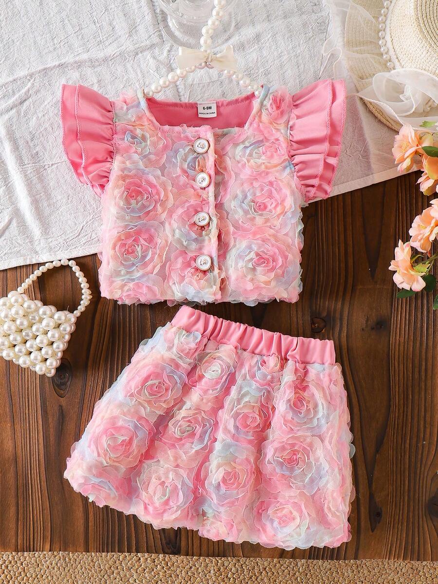 SHEIN 2pcs Baby Girl Pink Summer Cute 2nd Birthday Outfit,3D Rose Flower Tulle Ruffle Flutter Sleeve Button Tops And Skirts Set For Party Easter Birthday - Pink - View 1