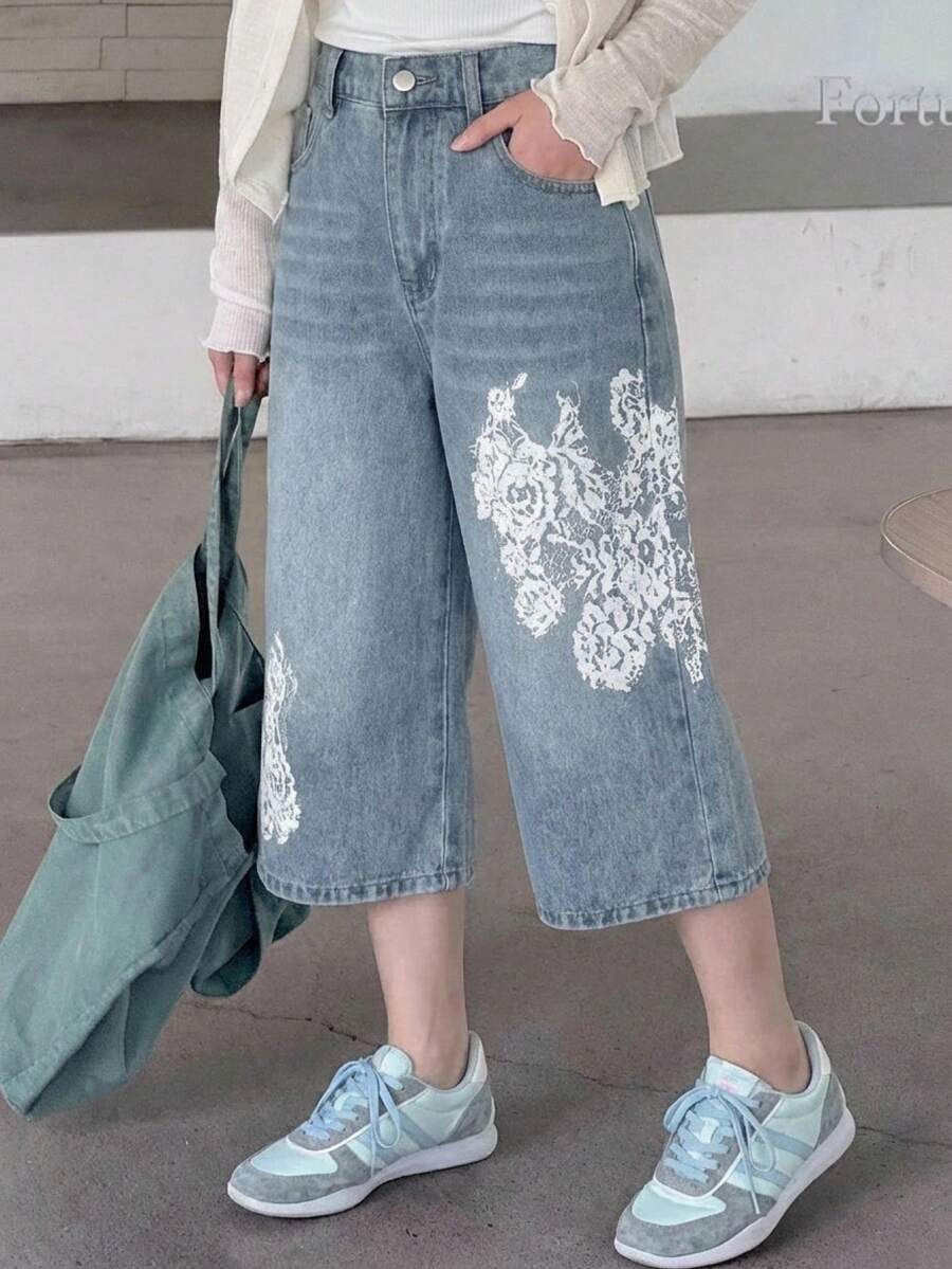 DAZY 少女蕾丝花卉图案口袋阔腿宽松休闲牛仔裤 - 藍色 - 查看 1