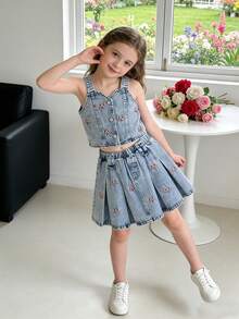 Young Girls Cute Style Toddler Girls Denim Set, Spring/Summer, Light Blue Denim Color, Bow Embroidery Design, Fitted Silhouette, Denim Camisole Top Paired With Light Blue Denim Bow Embroidery A-Line Pleated Skirt, Soft And Comfortable Fabric, Suitable For School, Commute, And Daily Outings 2pcs Denim Set Toddler Girls Denim Skirt Set Girl Girl Two Pieces Dress Outfit Skirt Two Pcs Set Girl Summer Denim - Light Wash - View 9