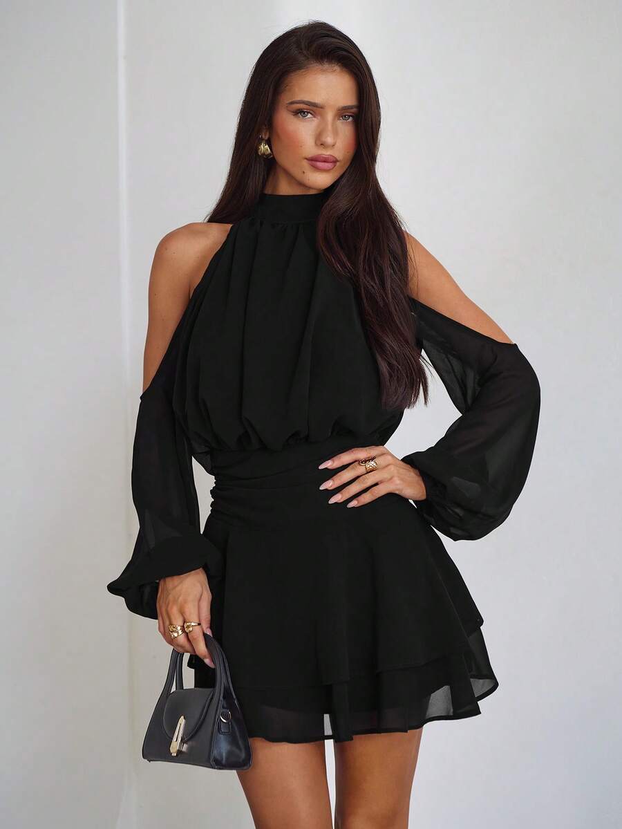 Aloruh Purple-Red Long Sleeve Off-Shoulder Dress, Casual Commuter Elegant Dress With Small Stand Collar, Spring - Black - View 1