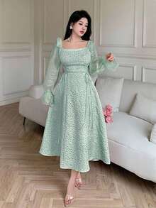 Feyla Women's Solid Color Square Neck Ruffle Hem Long Sleeve Dress Long Evening Dresses - Green - View 3