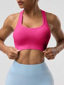 Easithlete Áo tank top ngắn không tay màu trơn dành cho nữ, kiểu áo yoga racerback. - Màu Hồng Tươi - Xem 4