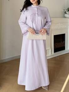 Al Najma 大码女式纯色常规肩部喇叭袖优雅阿拉伯风格连衣裙 - 淡紫色 - 查看 5