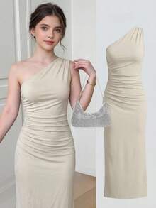 SHEIN 杏色单肩休闲修身褶皱腰身优雅针织连衣裙，适合青少年女孩 - 杏色 - 查看 1