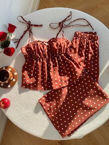 Comfortcana 大码女式波点印花吊带背心和裤子两件套，可爱波点两件套，适合夏季和万圣节 - 棕色 - 查看 3