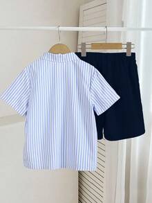 Tween Boy Gentleman 2 Pieces Set: Striped Shirt + Shorts/Trousers, Formal Buttoned Outfit For Birthday Party, , , AnniversaryWedding,Prom,Graduation - Navy Blue - View 2
