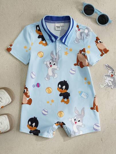LOONEY TUNES X SHEIN Baby Boy Cartoon Print Casual Everyday Romper